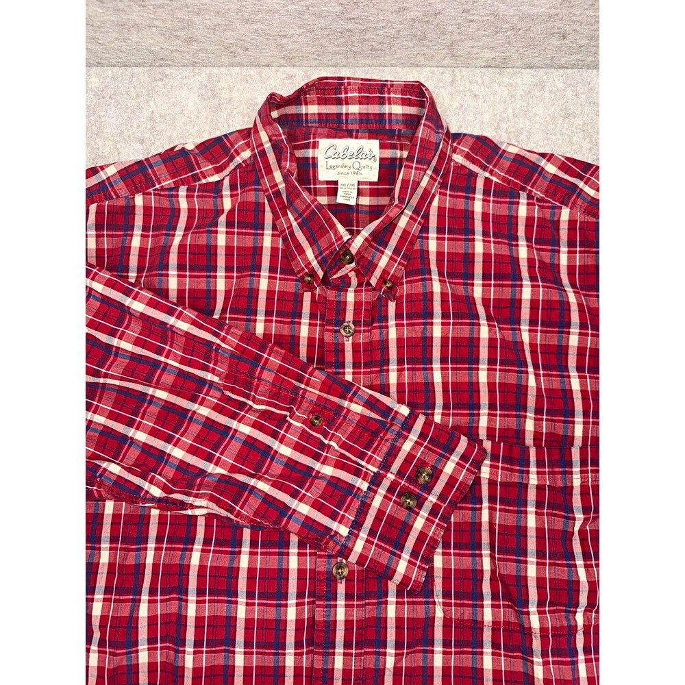 Cabela’s Men’s 2XL Red Blue White Plaid Button-Down Shirt Cotton Pockets